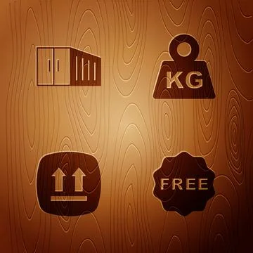 Set rice tag with Free, Container, This side up and Weight on wooden background 스톡 일러스트
