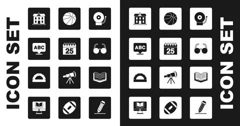 Set Ringing alarm bell, Calendar, Alphabet, School building, Glasses, Basketball Ilustración de archivo