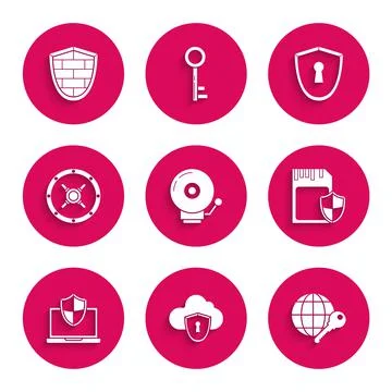 Set Ringing alarm bell, Cloud and shield, Globe key, SD card, Laptop protected Illustrazione stock