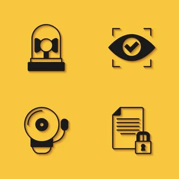 Set Ringing alarm bell, Document and lock,  and Eye scan icon with long sha.. Illustrazione stock