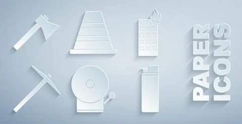 Set Ringing alarm bell, Fire burning building, Pickaxe, Lighter, Traffic cone Ilustración de archivo