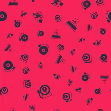 Set Ringing alarm bell, Fire exit, and Smoke system on seamless pattern. Vector Stock Illustration