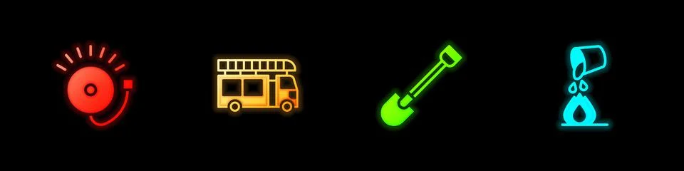 Set Ringing alarm bell, Fire truck, shovel and Bucket extinguishing fire icon Stock Illustration