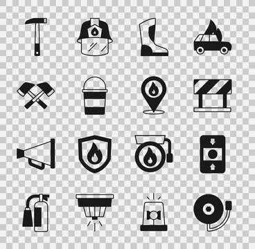 Set Ringing alarm bell, Fire system, Road barrier, boots, bucket, Firefighter Illustration