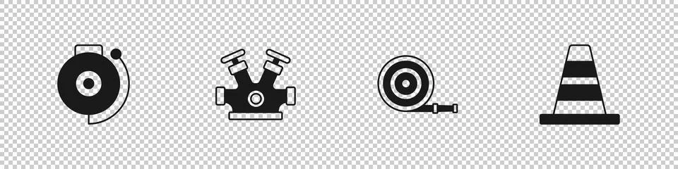 Set Ringing alarm bell, Fire hydrant, hose reel and Traffic cone icon. Vector Stock Illustration