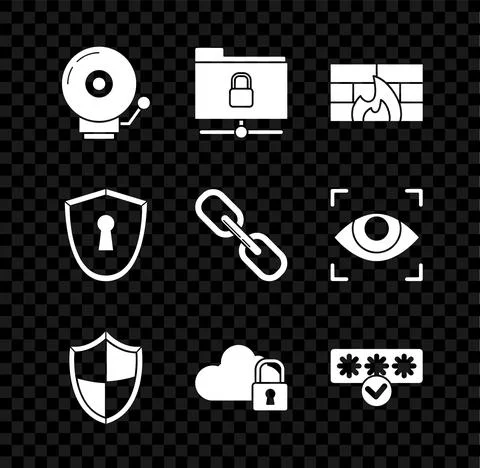 Set Ringing alarm bell, FTP folder and lock, Firewall, security wall, Shield Ilustración de archivo