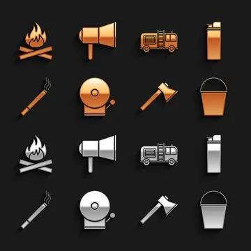 Set Ringing alarm bell, Lighter, Fire bucket, Firefighter axe, Cigarette, truck Stock Illustration