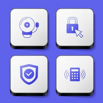 Set Ringing alarm bell, Lock, Shield with check mark and Security keypad access 스톡 일러스트