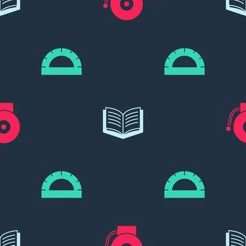 Set Ringing alarm bell, Open book and Protractor grid on seamless pattern. .. Illustrazione stock