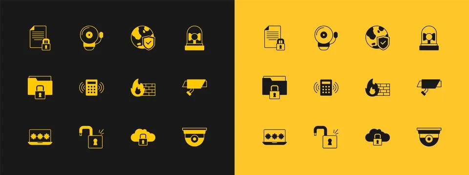 Set Ringing alarm bell, Open padlock, Firewall, security wall, Cloud comput.. Illustrazione stock
