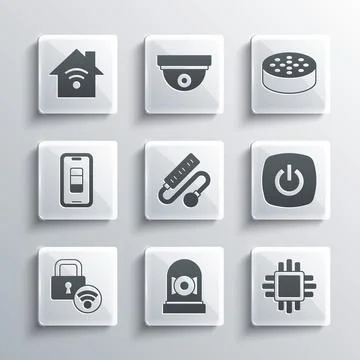 Set Ringing alarm bell, Processor with CPU, Smart home, Electric extension cord Stock-Illustration