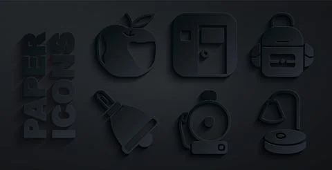 Set Ringing alarm bell, School backpack, Table lamp, classroom and Apple icon 스톡 일러스트