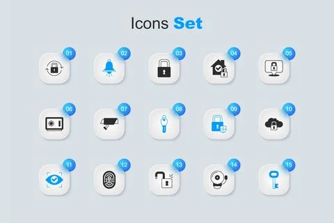 Set Ringing alarm bell, Security camera, Eye scan, Old key, Cloud computing.. Stock Illustration