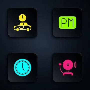 Set Ringing alarm bell, Time to travel, Clock and Day time. Black square button Stock Illustration