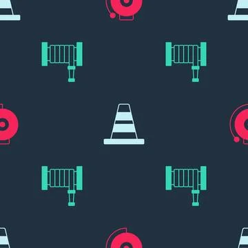 Set Ringing alarm bell, Traffic cone and Fire hose reel on seamless pattern.. Illustrazione stock