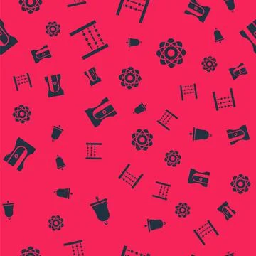 Set Ringing bell, Abacus, Pencil sharpener and Atom on seamless pattern. Vector Illustrazione stock