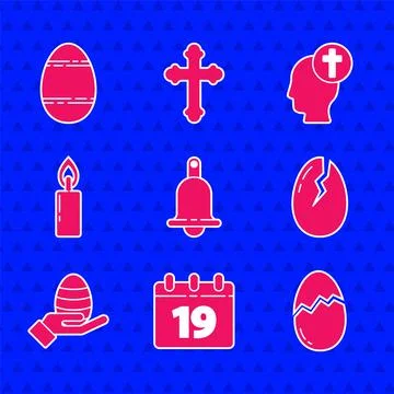Set Ringing bell, Calendar with Happy Easter, Broken egg, Human hand and easter Illustrazione stock