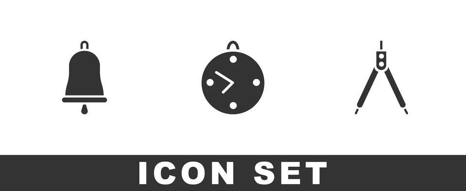 Set Ringing bell, Clock and Drawing compass icon. Vector Stock-Illustration