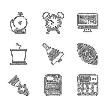 Set Ringing bell, Dossier folder, Calculator, American football ball, Fountai Stock Illustration
