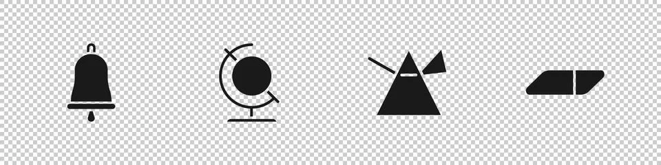 Set Ringing bell, Earth globe, Light rays prism and Eraser or rubber icon Stockillustratie