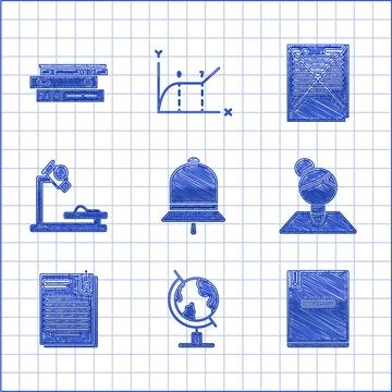 Set Ringing bell, Earth globe, Notebook, Teacher, File document and paper clip イラスト素材