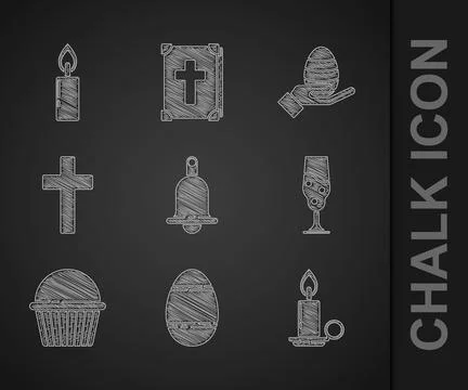 Set Ringing bell, Easter egg, Burning candle candlestick, Wine glass, cake, C Stock Illustration
