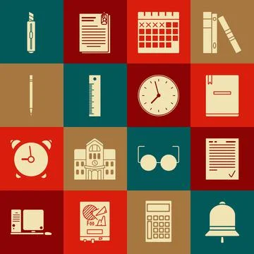 Set Ringing bell, Exam sheet with check mark, Notebook, Calendar, Ruler, Pencil Ilustración de archivo