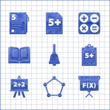Set Ringing bell, Geometric figure Pentagonal prism, Chalkboard, Test or exam Illustrazione stock