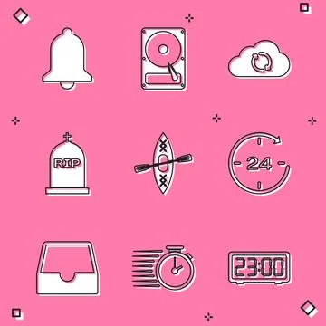 Set Ringing bell, Hard disk drive HDD, Cloud sync refresh, Tombstone with R.. Stock Illustration
