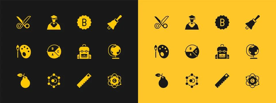 Set Ringing bell, Molecule, School backpack, Ruler, Pie chart infographic, .. Stock Illustration