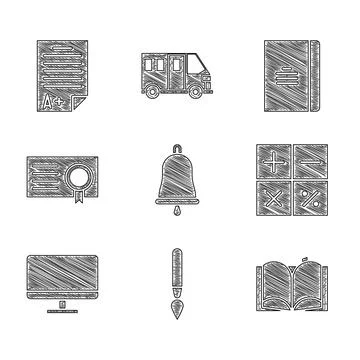 Set Ringing bell, Paint brush, Open book, Calculator, Computer monitor screen Stock Illustration