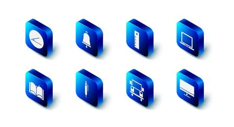 Set Ringing bell, Ruler, Laptop, Computer monitor screen, School Bus, Pen, Open Stock Illustration