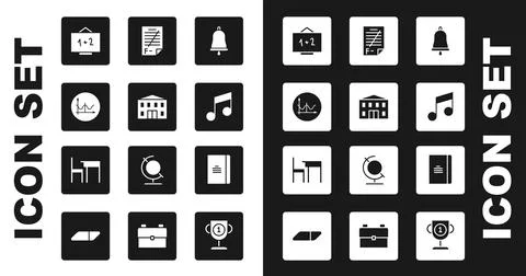 Set Ringing bell, School building, Graph, schedule, chart, diagram, Chalkboard Ilustración de archivo