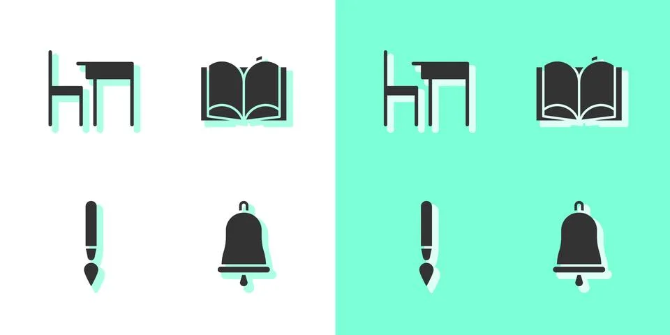 Set Ringing bell, School table and chair, Paint brush and Open book icon. Vector Stock Illustration