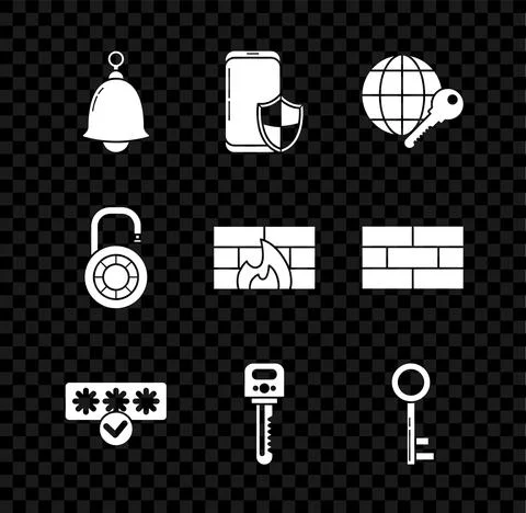 Set Ringing bell Smartphone with security shield Globe key Password protectio Stock Illustration