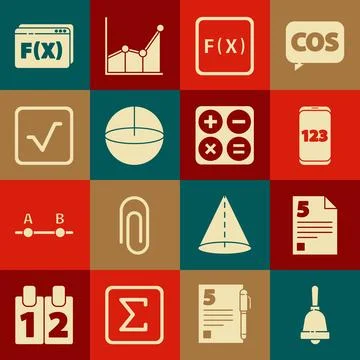 Set Ringing bell, Test or exam sheet, Mobile calculator interface, Function Illustrazione stock