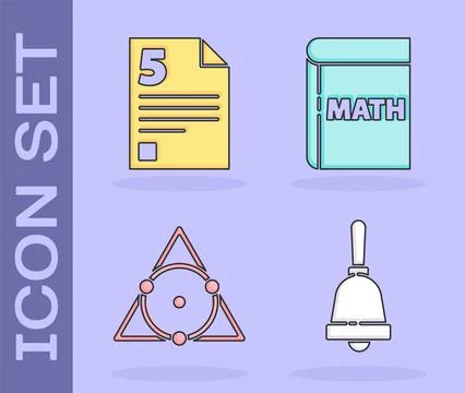 Set Ringing bell, Test or exam sheet, Triangle math and Book with word Illustrazione stock