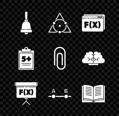 Set Ringing bell, Triangle math, Function mathematical symbol, Chalkboard, Graph Stock Illustration