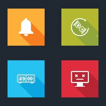 Set Ringing bell, Waiting, Retro flip clock and Dead monitor icon. Vector Stock Illustration