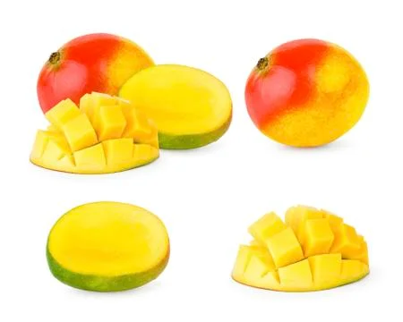 Set of ripe mango, half and piece on a white, isolated. Stock Photos