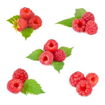 Set of Ripe Raspberry Heaps with Green Leafs, Isolated on White Stock Photos