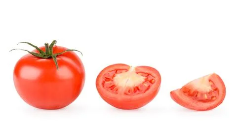 Set of ripe red tomato, half and piece on a white, isolated. Stock Photos