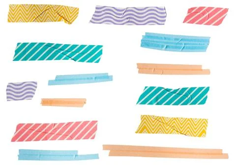 Set of ripped torn colorful pattern adhesive tape pieces isolated on white .. Stock Photos