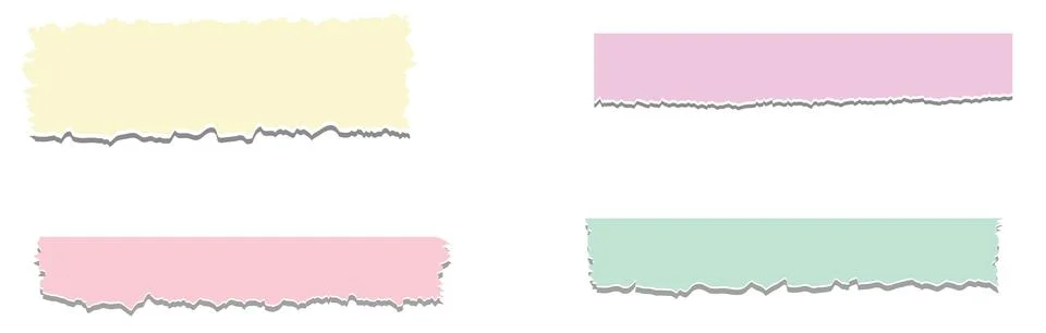 Set of ripped torn note, notebook grainy paper strips stuck in different sh.. Illustrazione stock