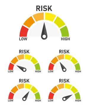 Set risk speedometer icon or sign of different colors with black arrow. Vecto Stock Illustration