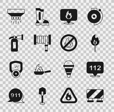 Set Road barrier, Emergency call, Burning match with fire, Location flame, .. Illustration