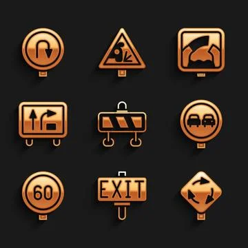 Set Road barrier, Fire exit, Roundabout traffic sign, No overtaking road, S.. 스톡 일러스트