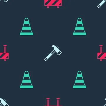 Set Road barrier, Firefighter axe and Traffic cone on seamless pattern. Vector Stock Illustration