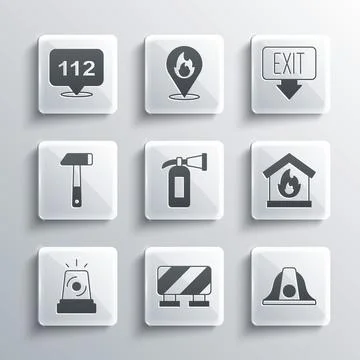 Set Road barrier, Firefighter helmet, in burning house, extinguisher, Flasher Ilustración de archivo