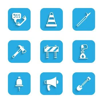 Set Road barrier, Megaphone, Fire shovel, Bucket extinguishing fire, Ringing Illustration